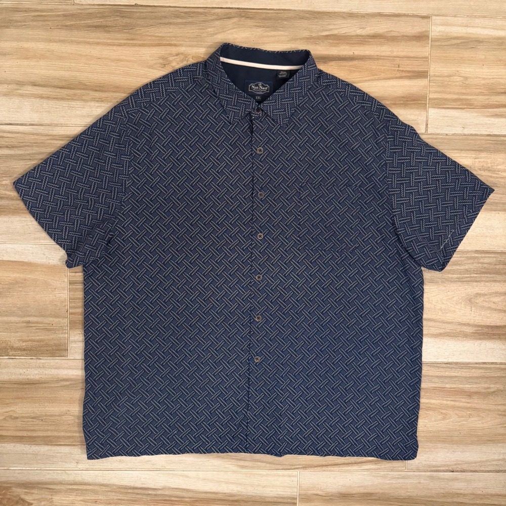 Nat Nast Luxury Originals Silk Cotton Navy Blue Geometric Button Up Shirt XXL
